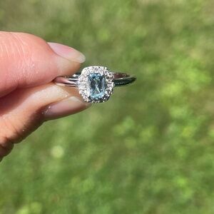 Aquamarine and White Zircon Halo Ring